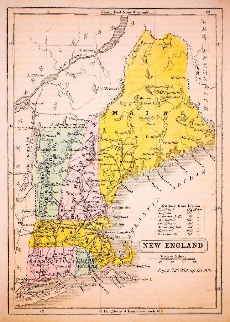 New England States 1852 Vintage Antique Style Map Cool Wall Art Print Poster 24x36