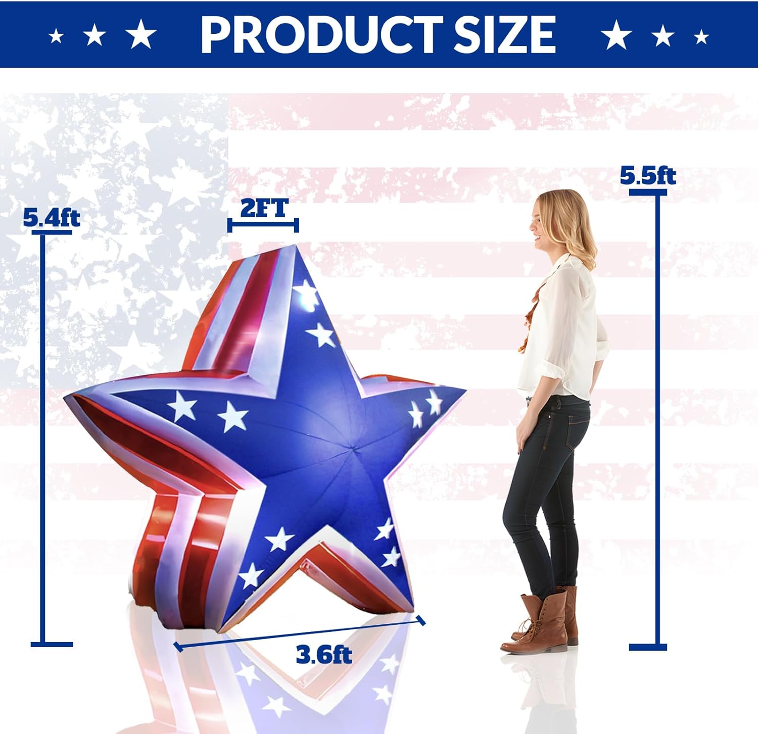 Patriotic Inflatable 5.4FT USA Star 4th of July Inflatable Yard Decorations Outdoor Holiday LED Blow up Decor for American Decorations Advertising Business Promotion