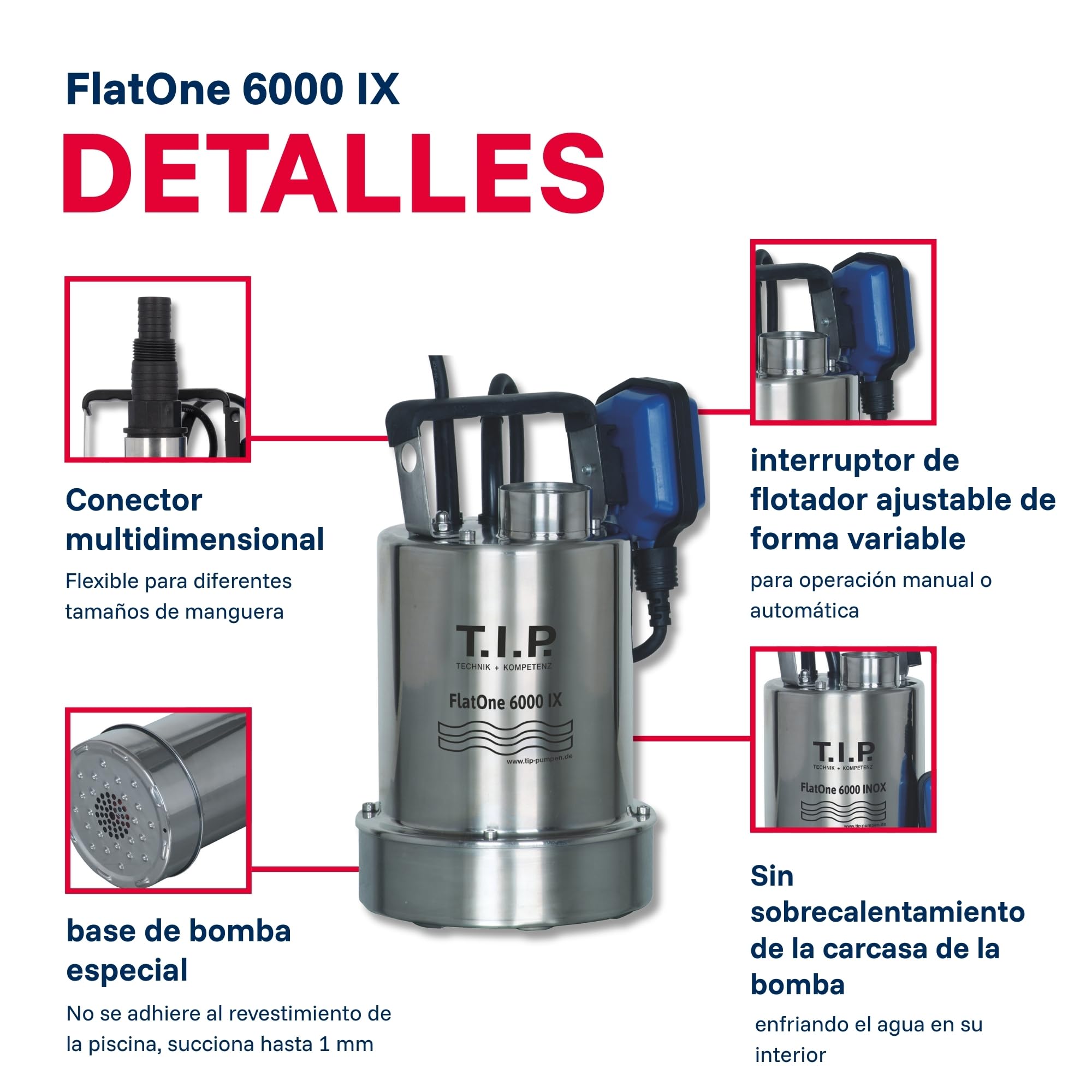 T.I.P. 30440 Bomba de desagüe y desagüe de piscinas FlatOne 6000 INOX, aspiración plana de hasta 1 mm, caudal de hasta 6.000 l/h, 22,5 x 16,5 x 27 cm