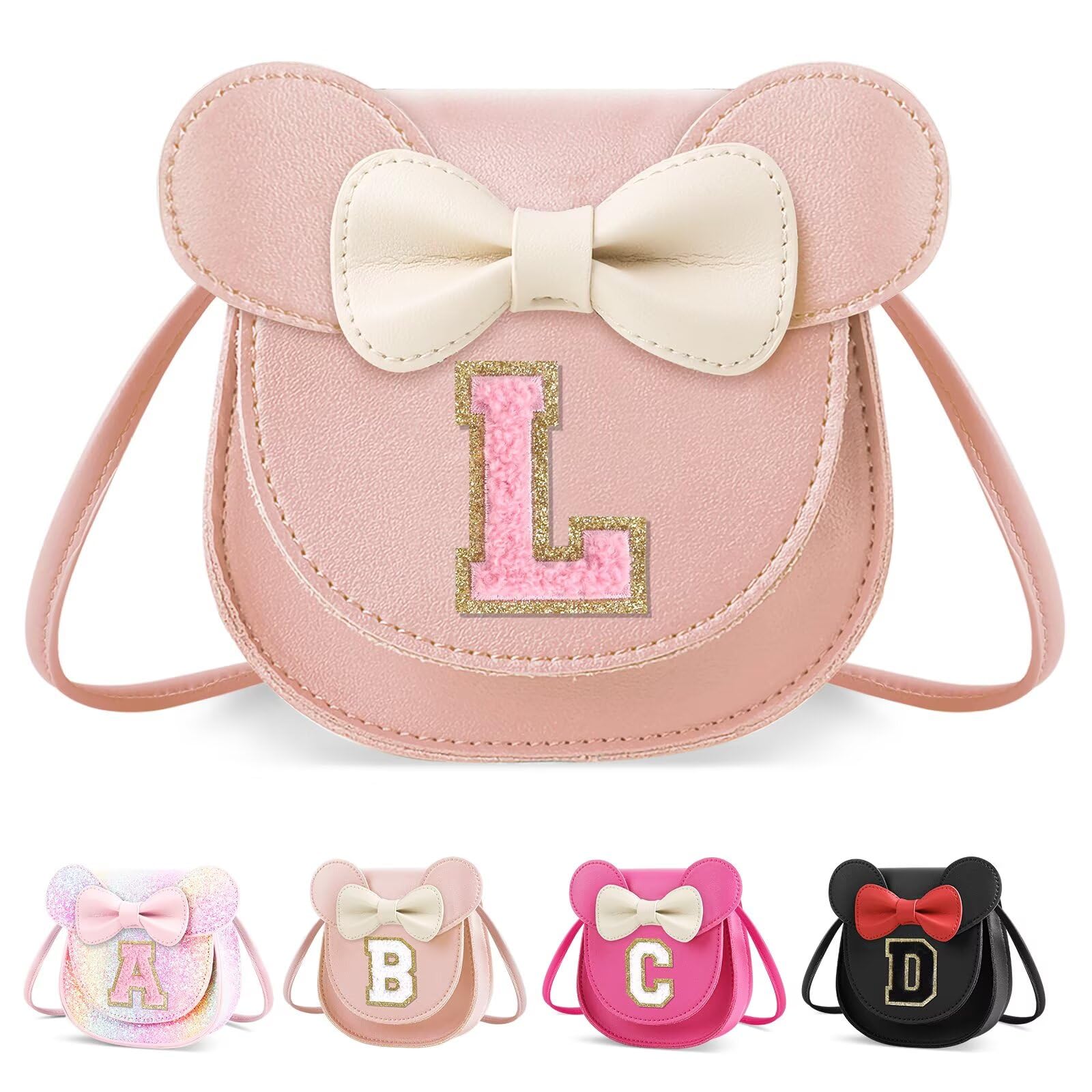 XSUIOY Toddler Purse Girl Wallet for Kids 2-9 Year Old Birthday Gifts,Cute Mouse Ear Bow Crossbody Shoulder Purses,Personalized Initial Purse Toddler