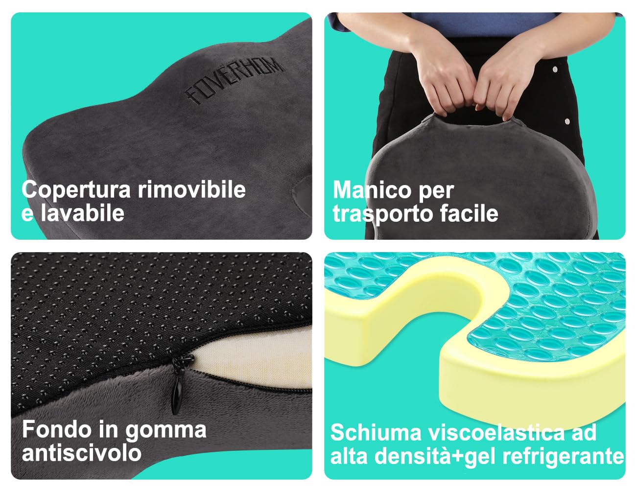 foverhom Cuscino in gel per seduta lunga, cuscino per sedia da ufficio per alleviare il dolore al coccige, ortopedico antiscivolo a 50 densità, memory foam a rimbalzo lento, cuscino per seggiolino