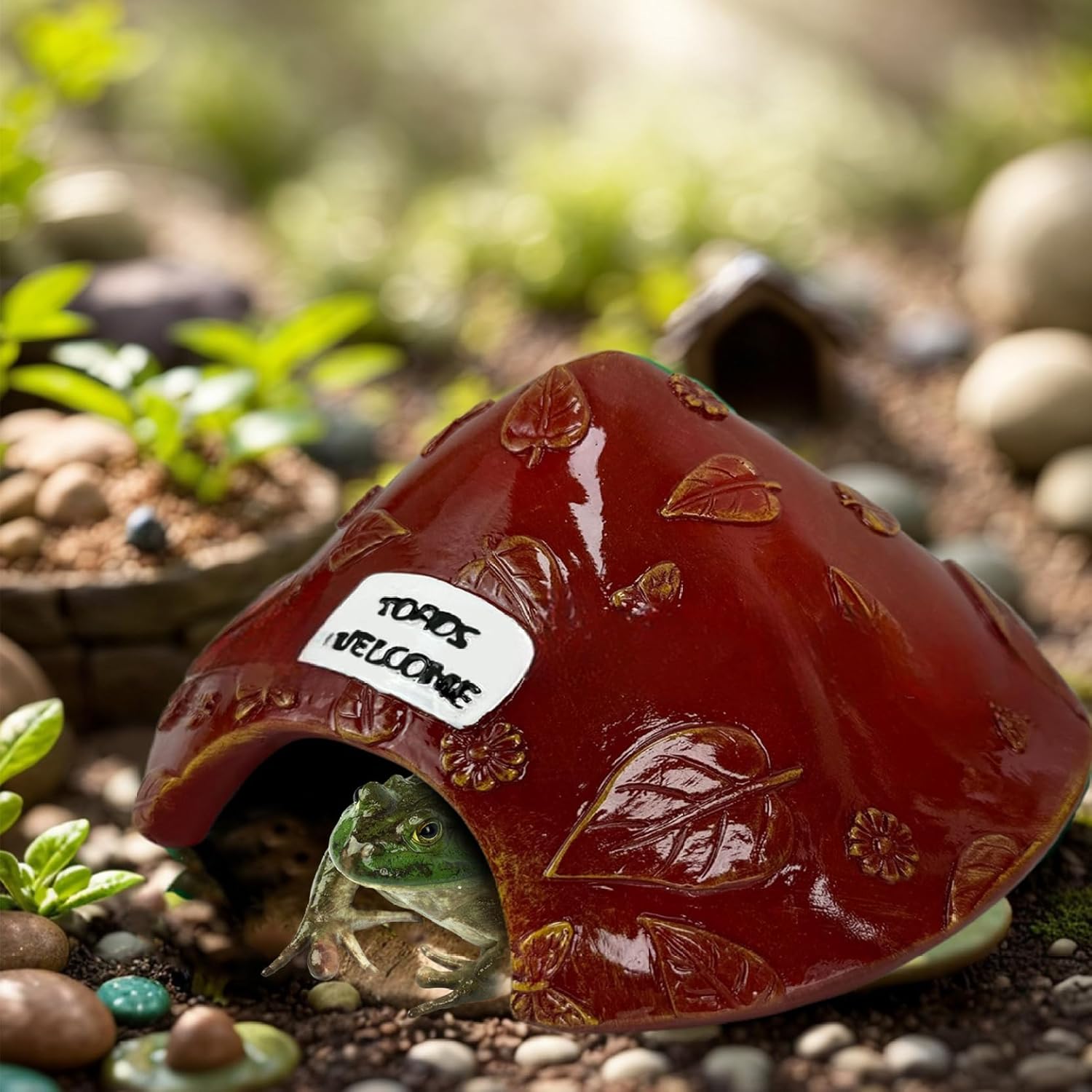 Toad House Leaf Pattern Frog House Resin Protective Toad Habitat with Welcome Sign 8x4in Cute Toad House Frog Habitat for Outside Garden, Zoo, Aquarium.