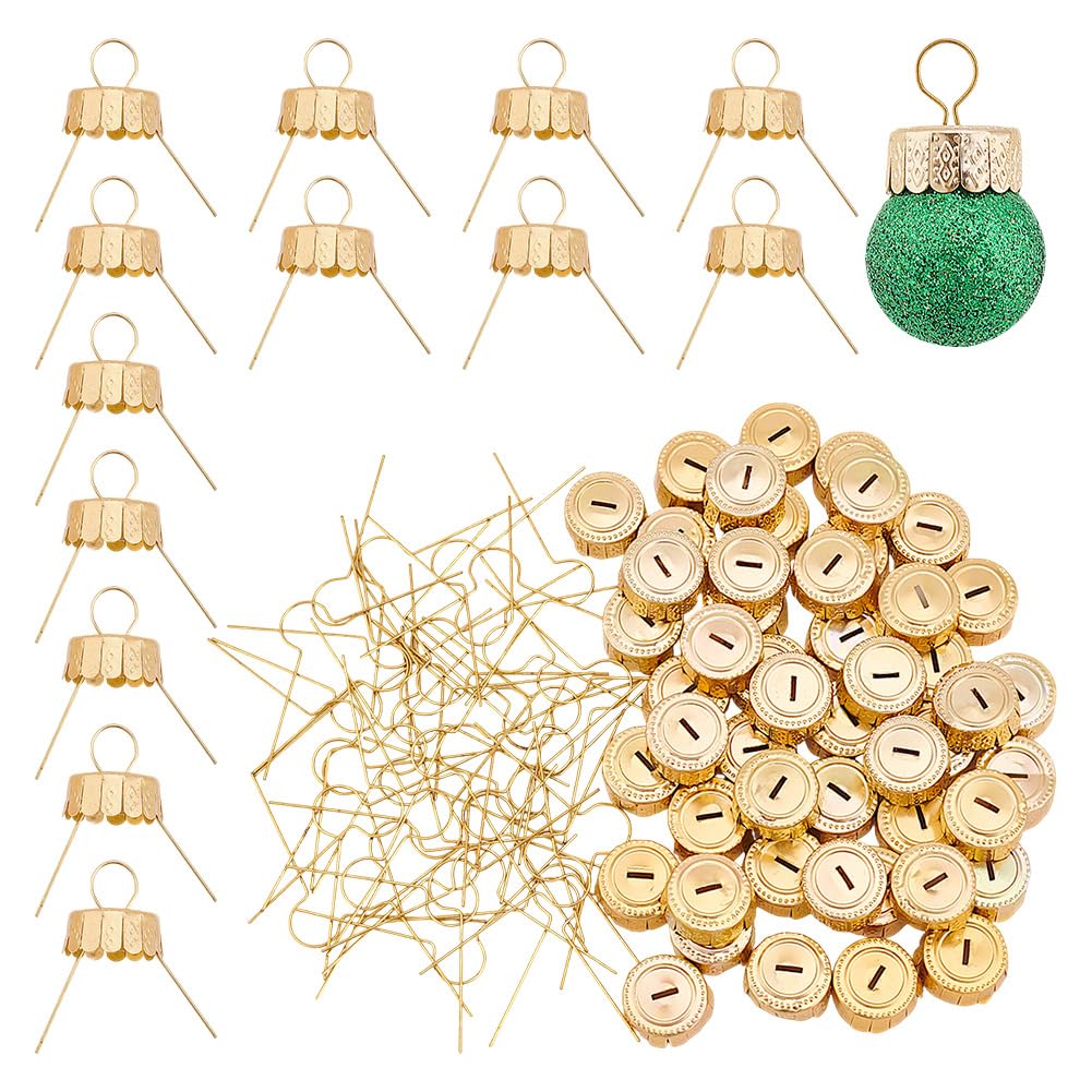 arricraft 100 Juego de Tapas de Adorno Navideño Redondas, Tapas de Repuesto para Adornos Navideños de Aluminio Dorado, Perchas de Metal Extraíbles, Tapas para Decoraciones Navideñas de Cerámica