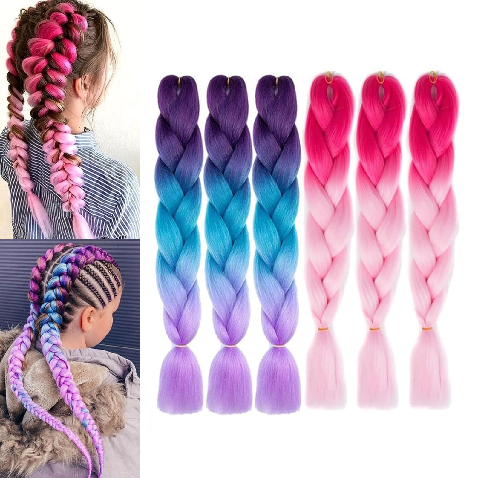 6 Pcs 24 Inch Jumbo Braiding Hair Synthetic Ombre, Wist Braiding Pre-stretched Extensions, Synthetic Crochet Braids for Girls Kids Women Halloween Party Braiding Hair Style Colorful Hair
