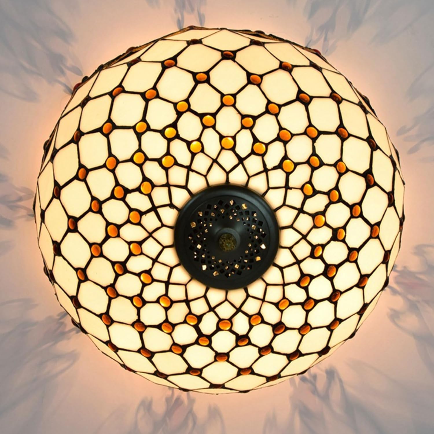 Tiffany Lamp Shade 16" Wide Accessories Replacement Only White Stained Glass Lampshades Vintage Yellow Crystal Glass Beads Light Cover for Table Lamp Floor Lamp Pendant Light Ceiling Fixture