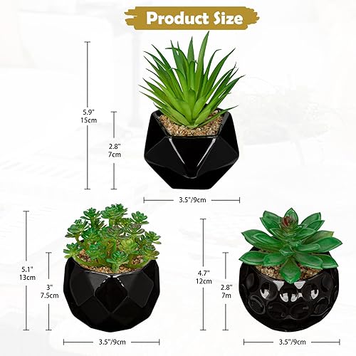 Miniatura 2 de Briful Plantas suculentas artificiales en macetas de cerámica, juego de 3 suculentas artificiales con macetas geométricas negras, decoración moderna