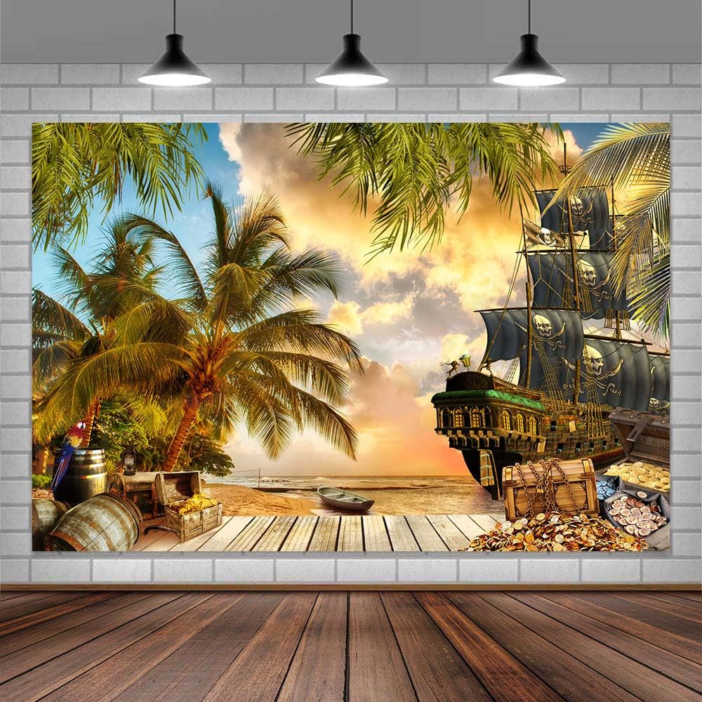 10X10ft Pirate Theme Photo Backdrop Photography Background, Pirate Ship Treasure Chest Map Gun Halloween Trunk or Treat Backdrops Photo Booth Prop