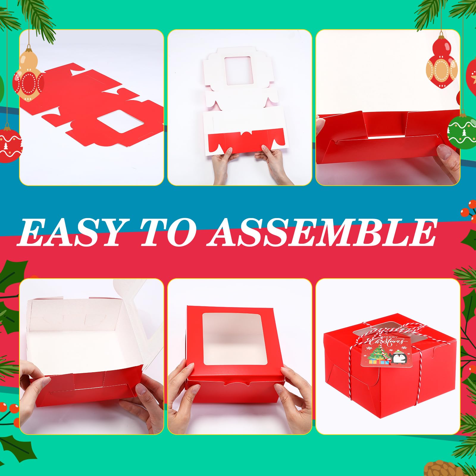 Maxcheck 100 scatole natalizie per biscotti con finestra, 10 x 10 x 7,1 cm, scatole per pasticceria, cupcake, con corda e biglietto, piccole scatole per dolcetti, per mini torte, pasticceria, dessert,