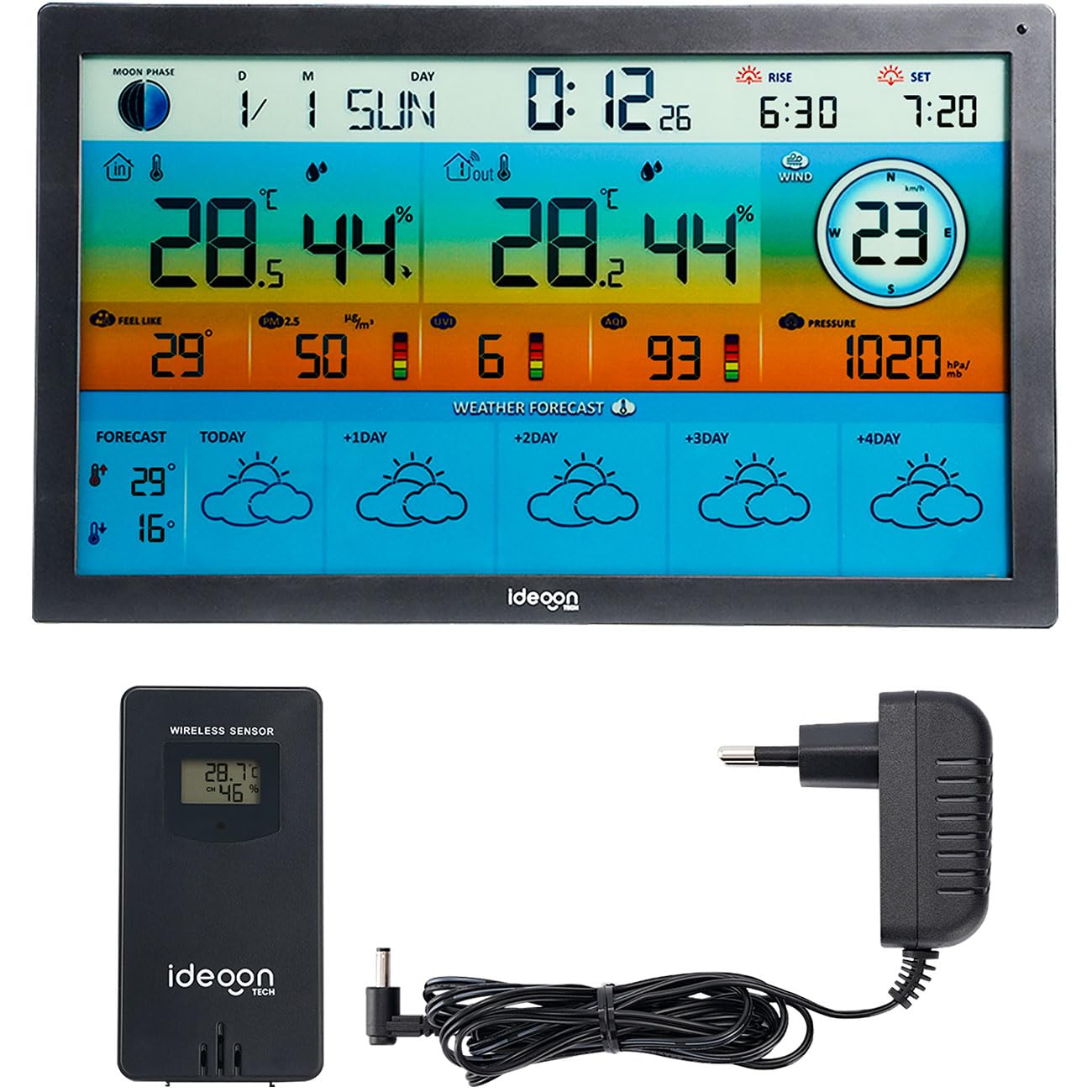 ideoon WLAN Funk Wetterstation mit XXL-Farb-Display – 5 Tage Wettertrend, Thermometer/Hygrometer, Feinstaub & UV-Index, Barometer, Tuya App