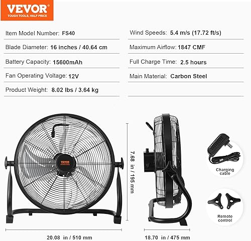 Miniatura 7 de VEVOR Ventilador inalámbrico de 16 pulgadas, ventilador personal silencioso portátil para el hogar u oficina, cabezal giratorio manual de 360
