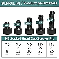 Vista 2 de SUNXULIMI Tornillos de cabeza hexagonal M5 de 8/12/16/20/0.984 in, tornillos M5, unidad hexagonal Allen métrica, acero de aleación de grado 12.9