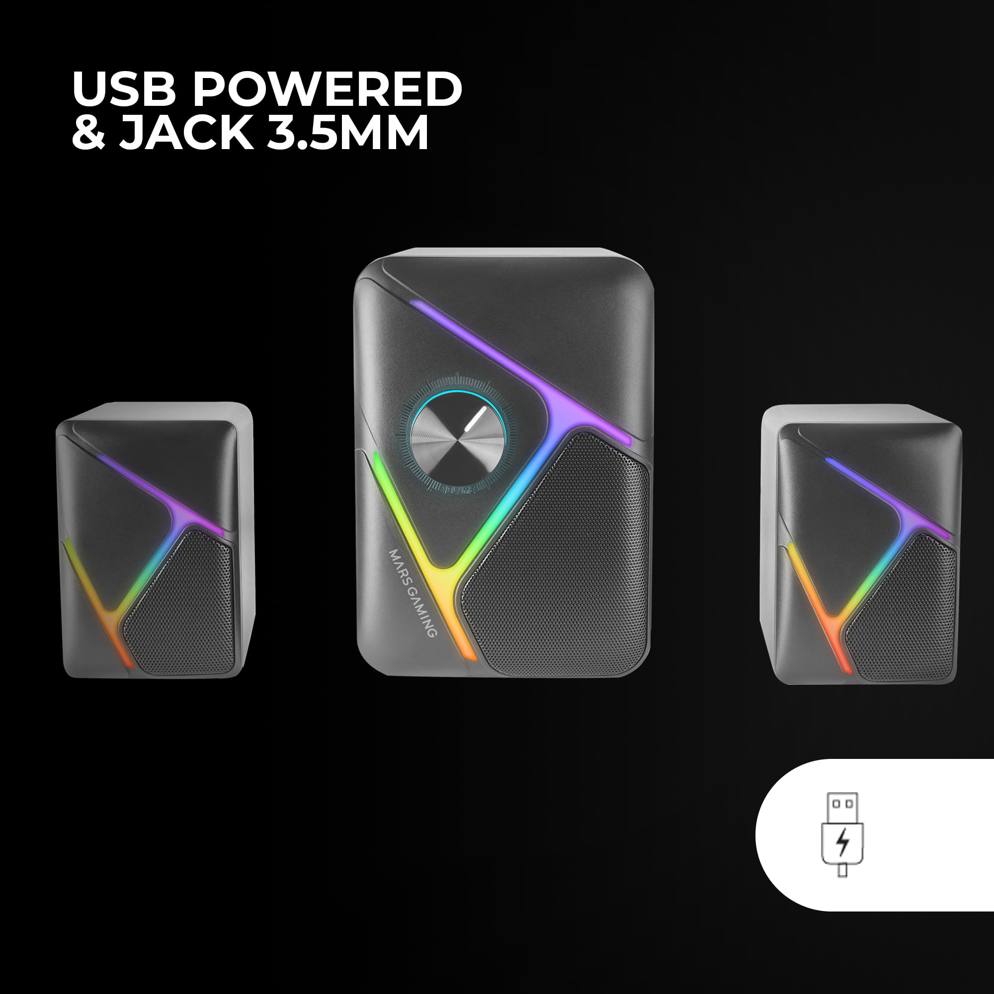 Mars Gaming MS-H21, Altavoces Gaming RGB 2.1 y Subwoofer 35W, Sistema Drivers Invertidos 3D Surround, Altavoces Compactos con Iluminación Dinámica RGB, Alimentación USB y Conector Jack 3.5mm, Negro