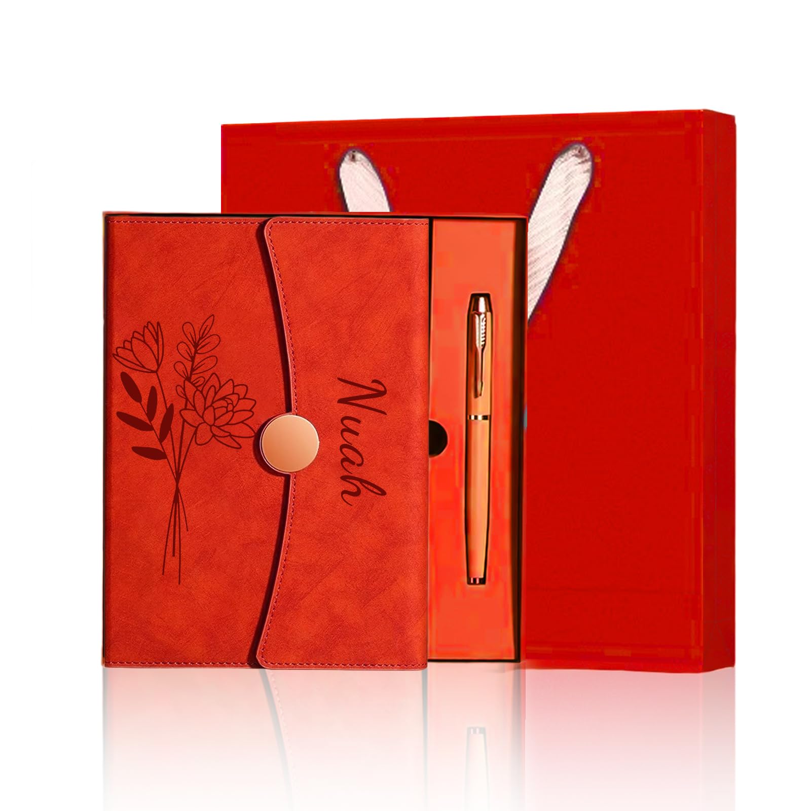 Personalized Notebook with Engraved Name & Birth Month Flowers โ Premium Faux Leather Classic Journal for Birthday, Graduation, Christmas, 200 Numbered Pages, 15 x 21 cm (Red with gift box)