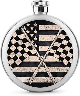 U.S.A. Racing Flag Round Flasks for Liquor Leak Proof 5oz | Stainless Steel Mini Pocket Wine Hip Flask Bottles Camping Party