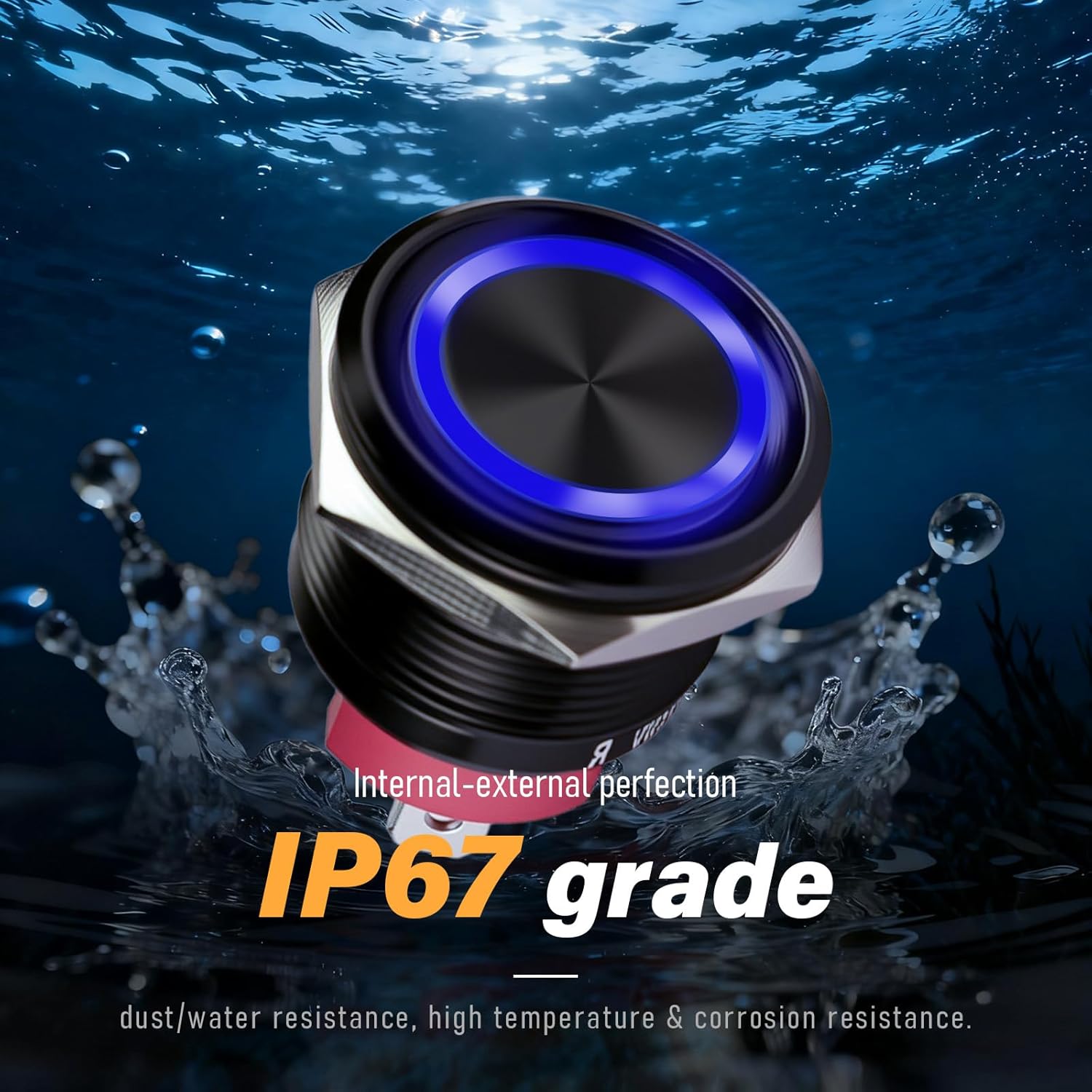 15Amp Latching Push Botton Switch 2PCS,16mm(0.63”) 12V-24V Black Shell AC/DC IP67 Waterproof with Red LED Angel Eye Light On and Off with Wire Socket.