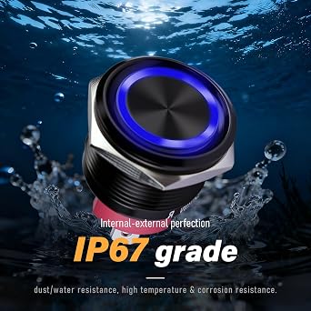 15Amp Latching Push Botton Switch 2PCS,16mm(0.63)12V-24V Black Shell AC/DC IP67 Waterproof With Blue LED Angel Eye Light On and Off With Wire Socket.