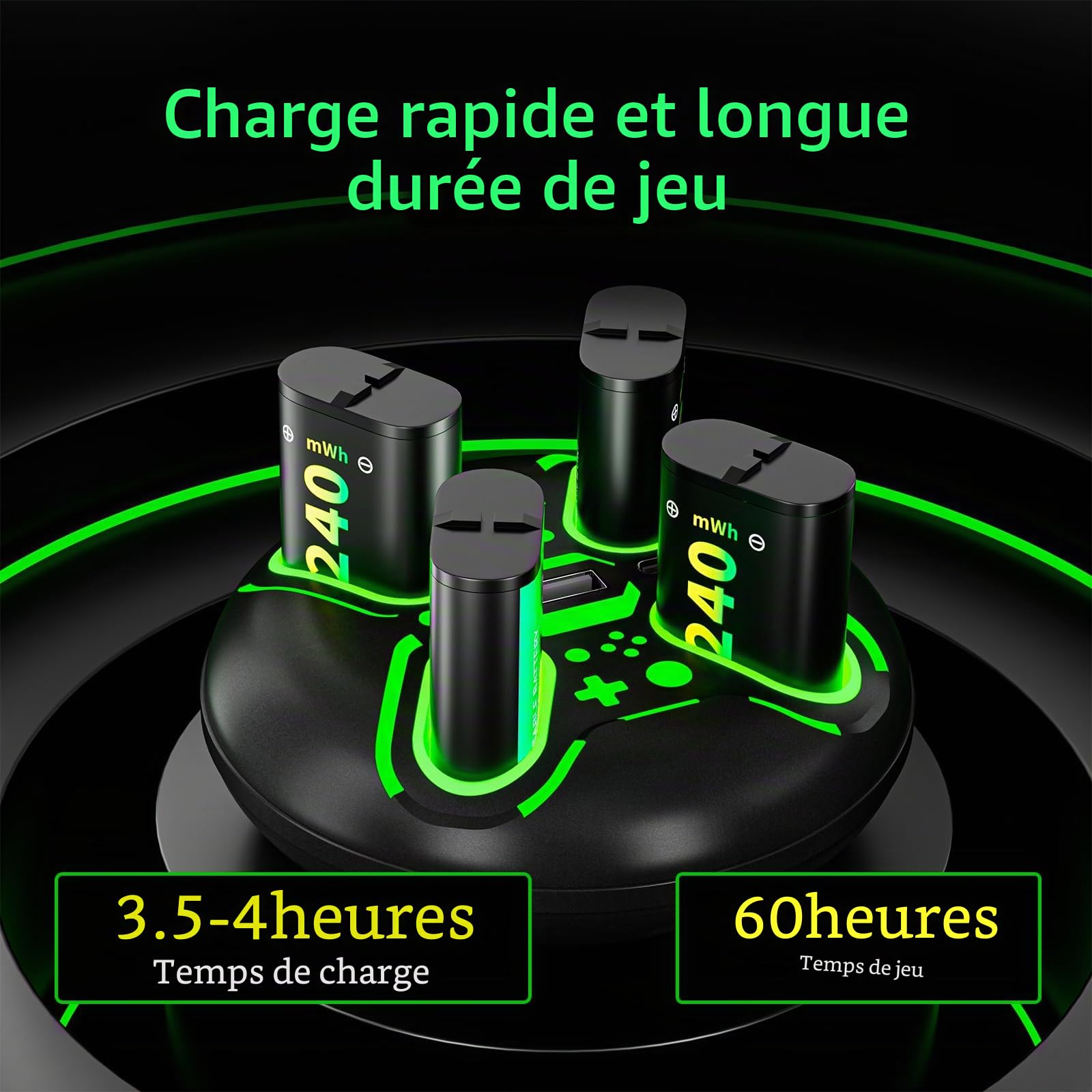 Chargeur pour Manette Xbox avec 4 Batteries 6240 mWh, Station de Charge Rapide avec Affichage LED, Compatible avec Xbox Series X|S, Xbox One S/X/Elite - Noir