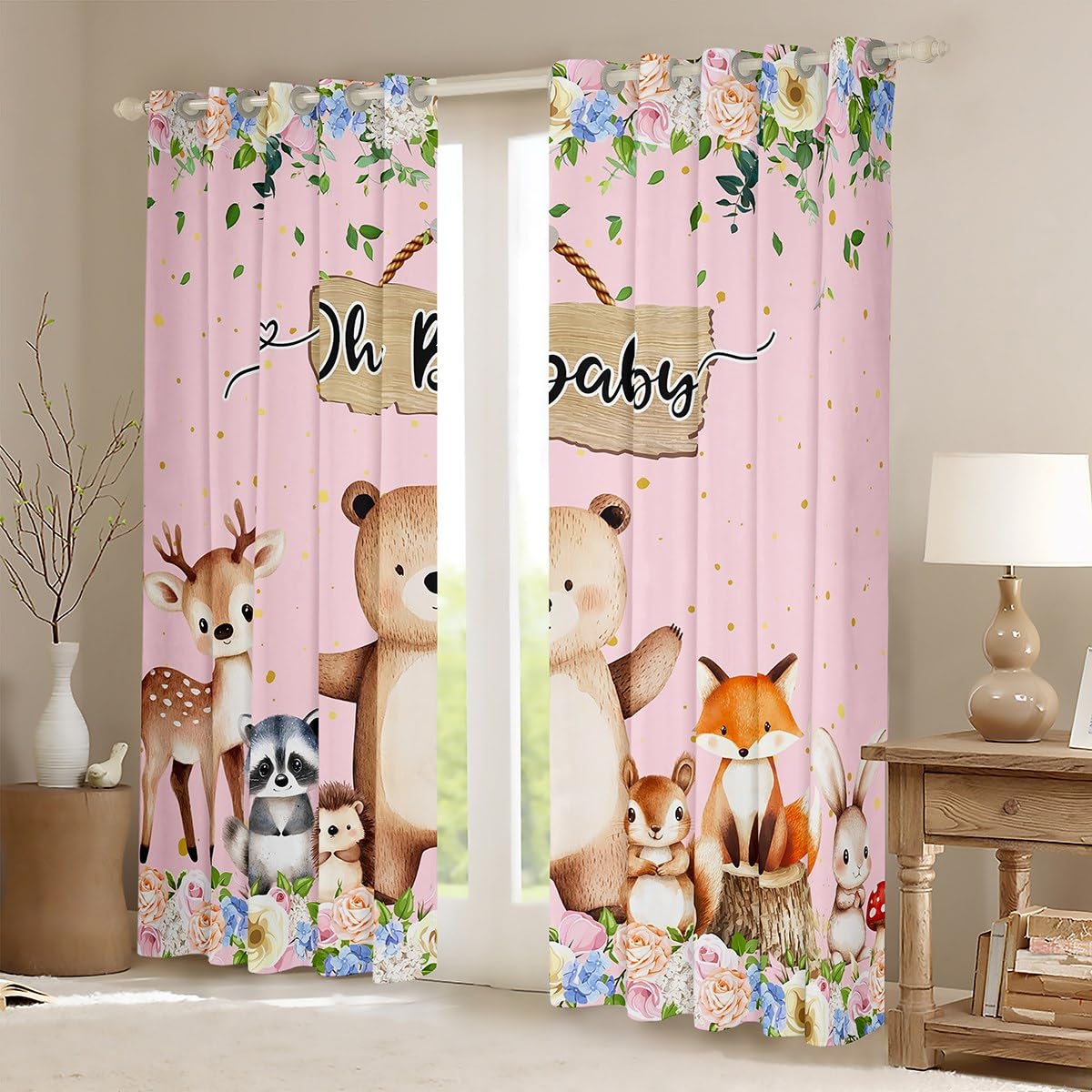Homewish Tier Thema Fenster Vorhänge 2 Panels 140Bx260L Safari Wildlife Verdunkelungsvorhänge für Kinder Jungen Mädchen Natur Cartoon Bär Raccoon Hedgehog Hirsch Fuchs Eichhörnchen Rosa Vorhänge