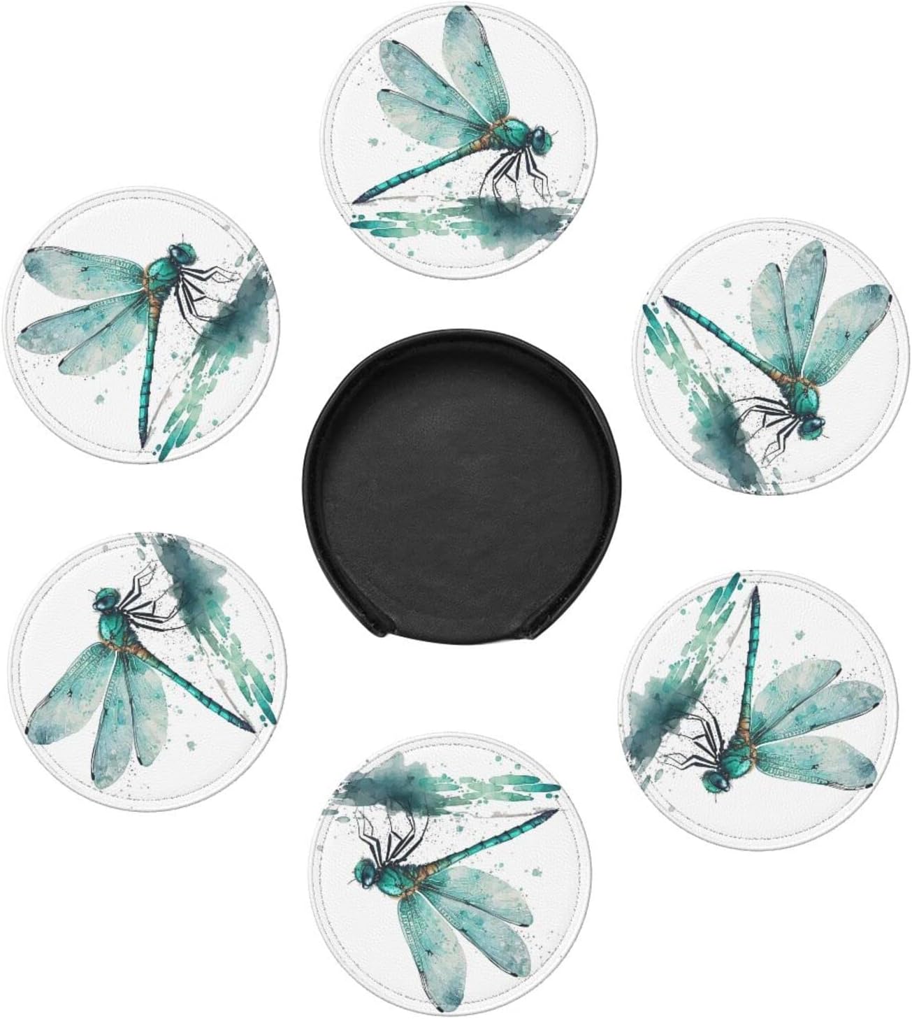 Famame 6 Pcs Blue Watercolor Dragonfly Leather Coasters for Drinks with Holder Coaster Sets Drink Table Cup Coasters for Living Room Kitchen Coffee Decor - Image 4