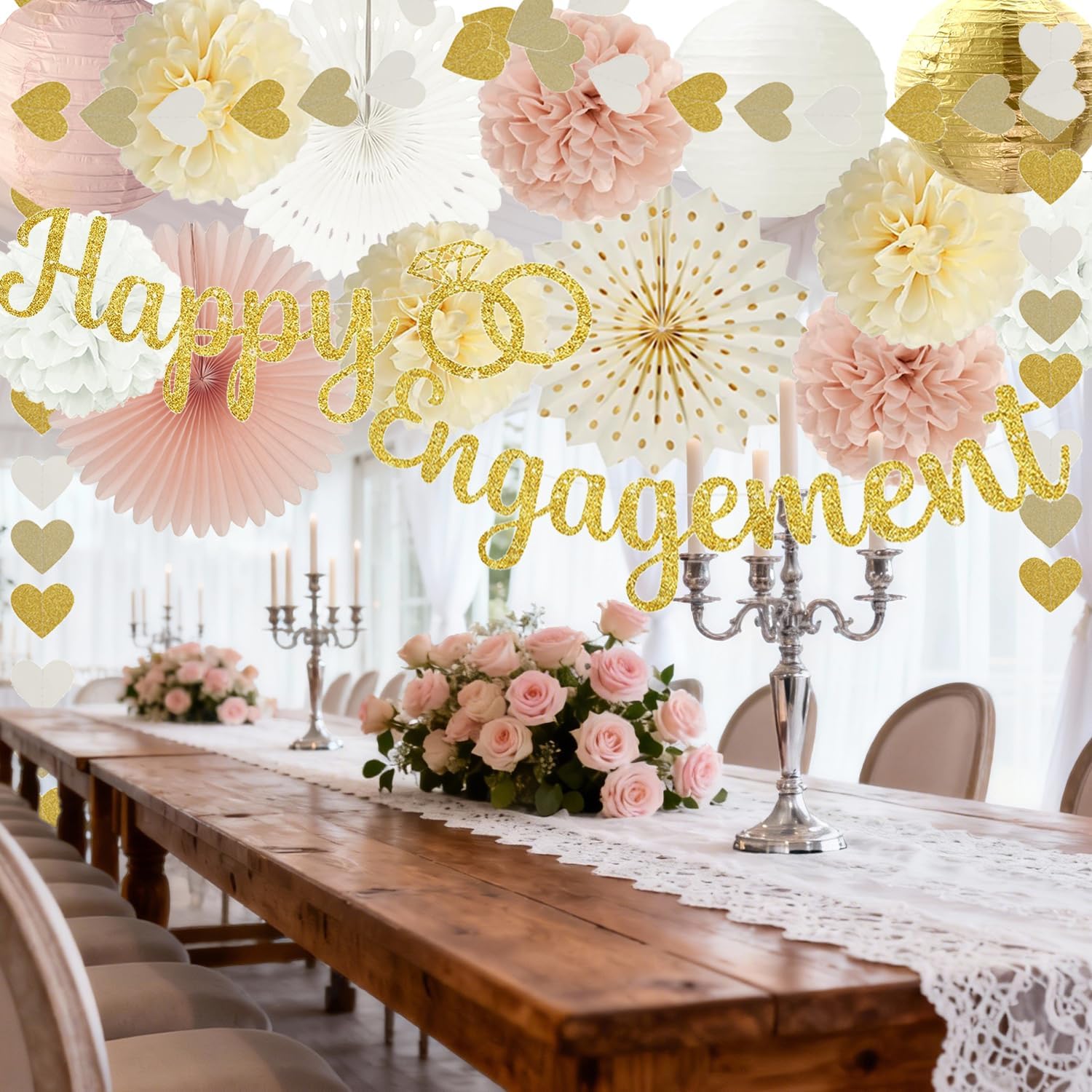 Champagne Gold Engagement Party Decorations - Engagement Banner, Heart Party Garlands, Tissue Paper Pom Poms, Fans and Lanterns Kit for Congratulations, Boho Engaged Decorations - Image 7