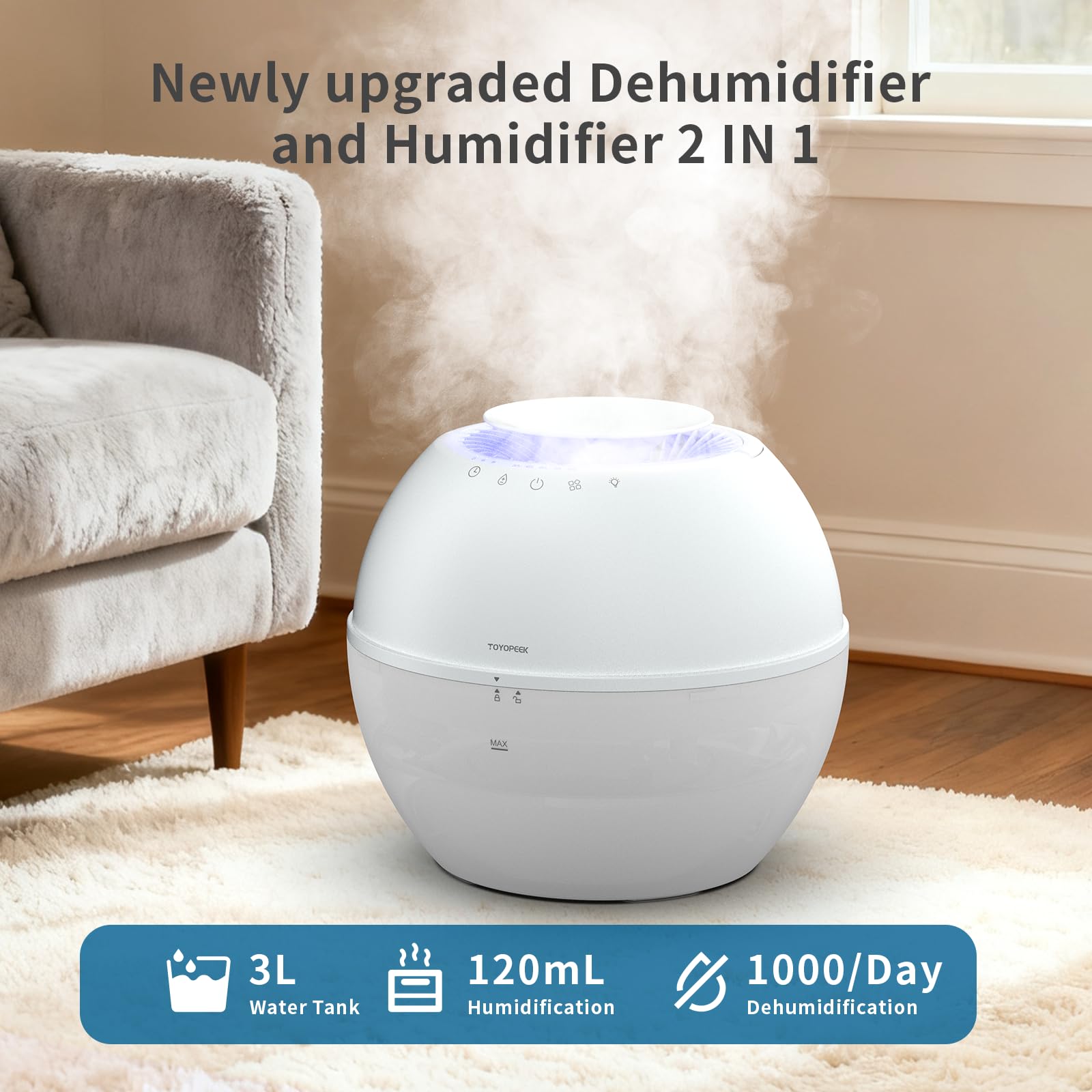 HD021 - Combo de deshumidificador y humidificador 3 en 1, deshumidificadores pequeños con manguera de drenaje, tanque de agua de 101 onzas, mini deshumidificador portátil compacto para
