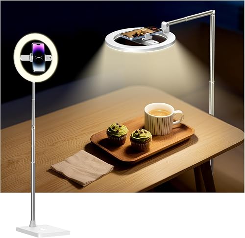 yAyusi 68.5" Overhead Phone Mount with Ring Light for iPhone, 3000mAh 360° Rotation Foldable Rechargeable Ring Light Phone Holder for Video Recording, Photography, Live Streaming, TikTok, YouTube