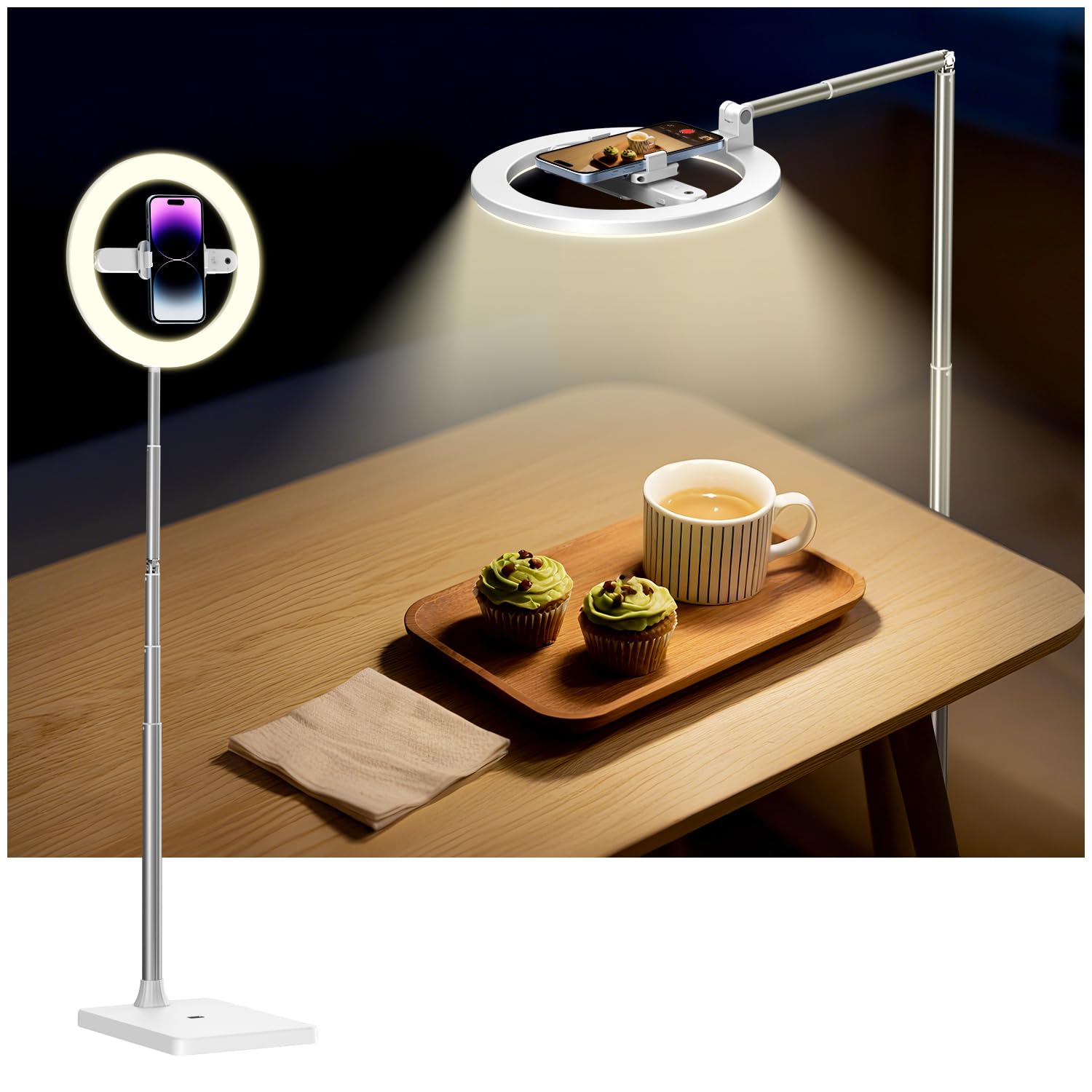 yAyusi 174 cm Inalámbrico Aro de Luz con Tripode, Tripode Cenital con Ring Light Recargable para Escanear Documentos, Grabación de Vídeo, Fotografía, Transmisión en Vivo, TikTok, YouTube