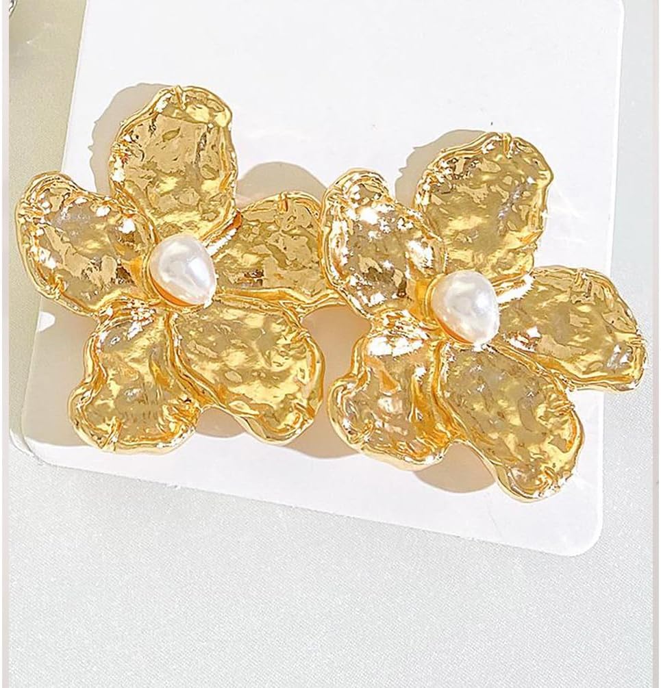 Statement Gold Big Hammered Flower Pearl Earrings for Women Trendy, Charm Boho Silver Large Floral Stud Earring Party Prom Y2k Aesthetic Jewelry Gifts - Image 8