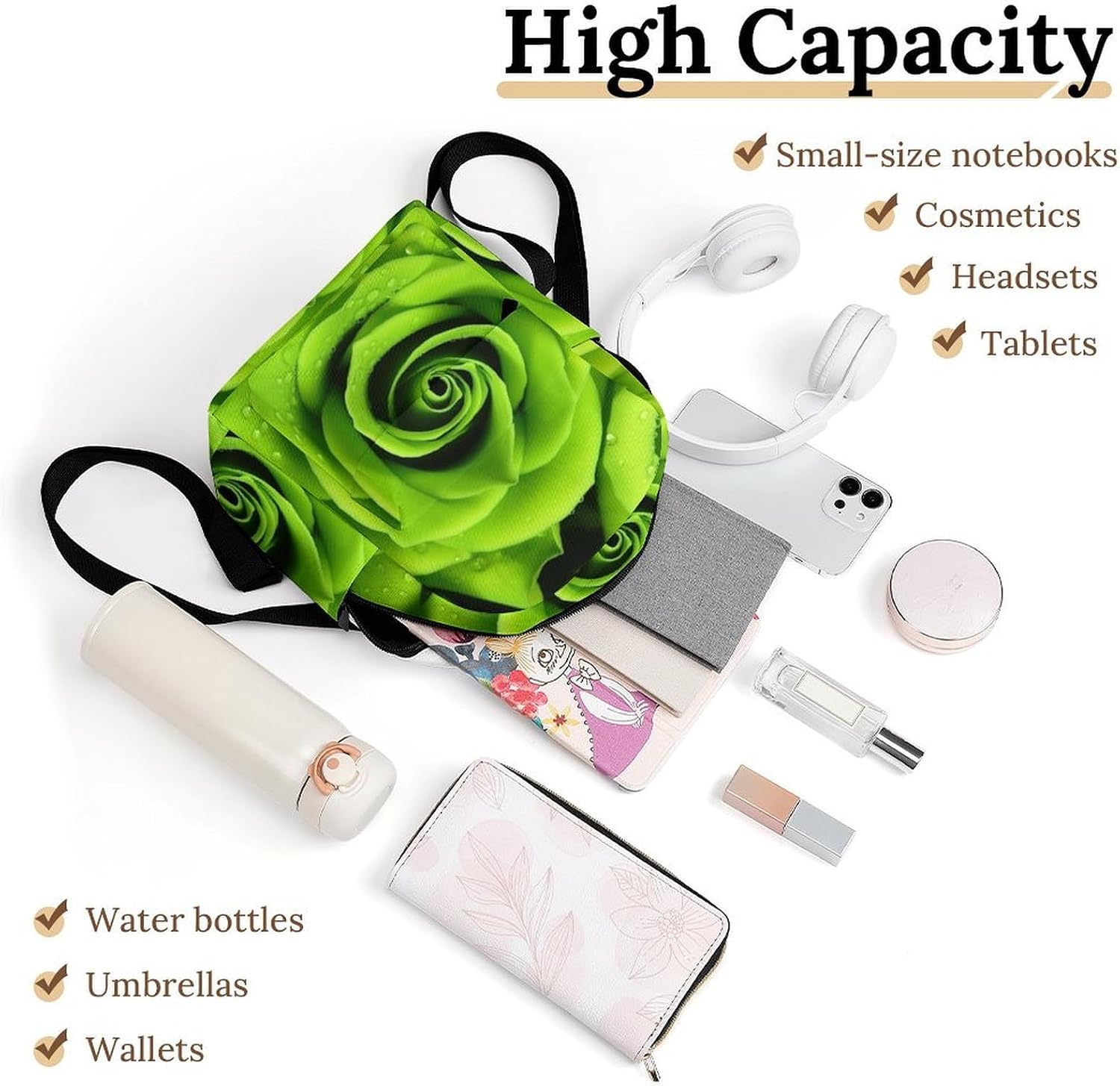Waterproof Mini Backpack for Women - 10 Inch Oxford Lightweight Daypack Cute Bag Small Daypack Green Rose Small Backpack Purse for Travel Work Weekender