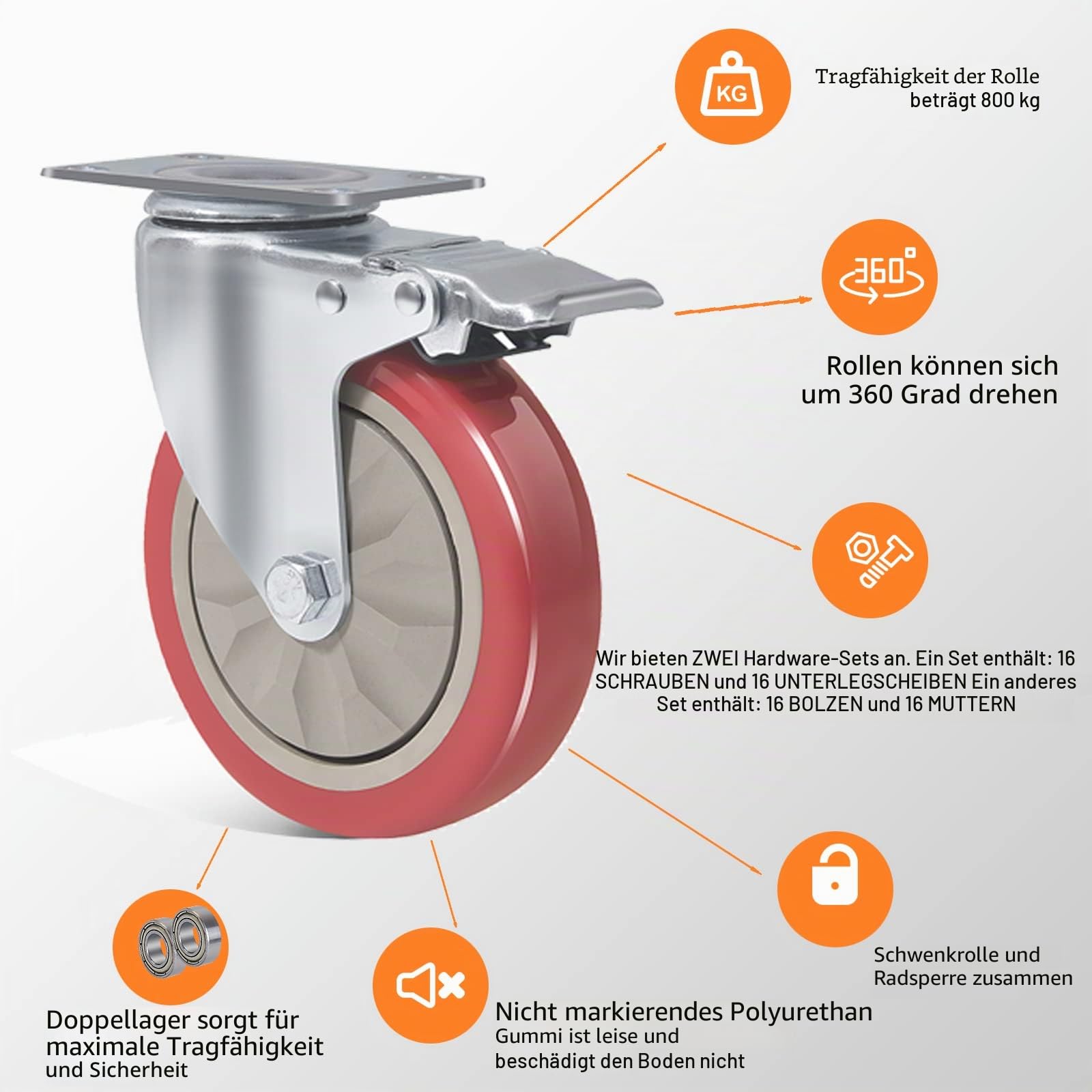 4er Set Lenkrollen für Möbel 125MM Möbelrollen mit Bremse Schwerlastrollen 800kg Rot Rollen für Möbel Transportroller Werkbank Werkzeugwagen Paletten Transportrollen Rollen mit Schrauben
