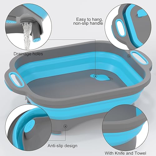 Vista 5 de HI NINGER Tabla de cortar plegable, tabla de cortar para acampar con cuchillo, cesta multifuncional para lavar verduras de cocina, tina de silicona