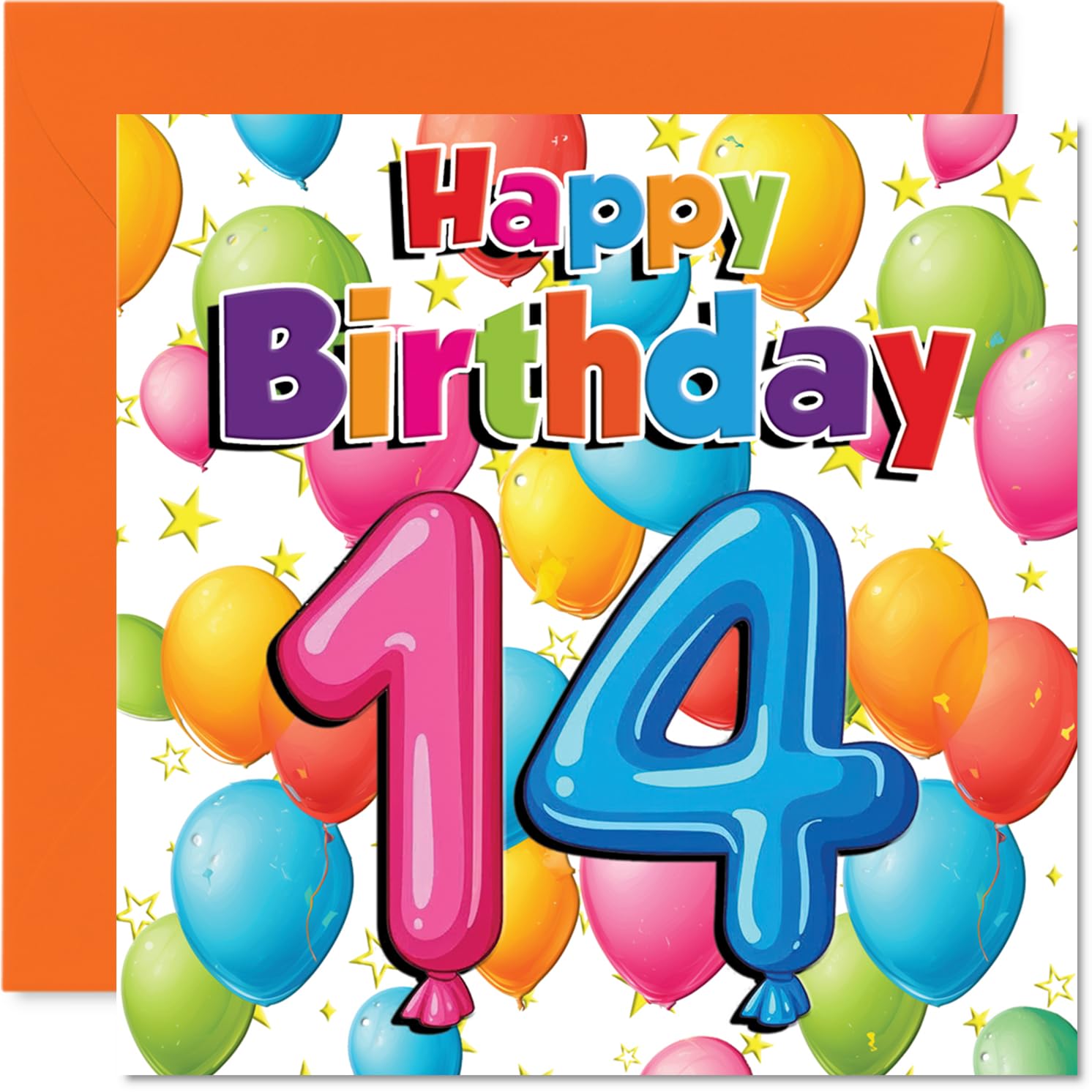 Playful 14th Birthday Card - Bursting with Birthday Cheer - Colourful Balloons and Stars Design - Sure to Lift Their 14th Celebrations - 145mm Square, Envelope Included