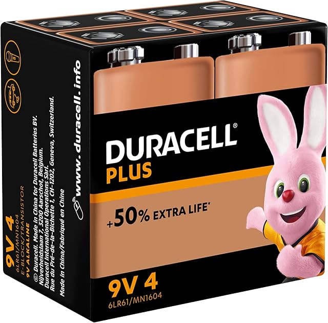 Duracell Plus 9V Batteries for smoke alarms Pack of 4