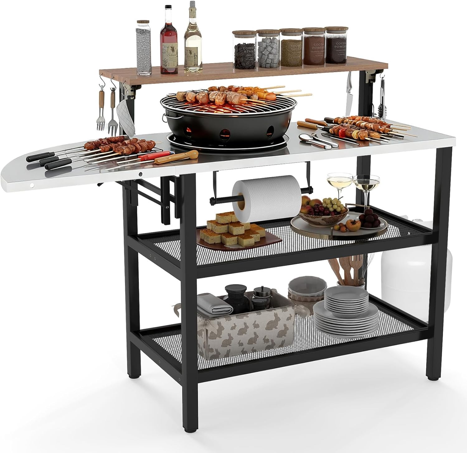 Giantex Outdoor Bar Table with Flip-Up Top & Foldable Side Table, 4-Tier Grill Stand with Storage Shelves, Hooks, Paper Towel Holder, Patio Kitchen Island Food Prep Cooking Station