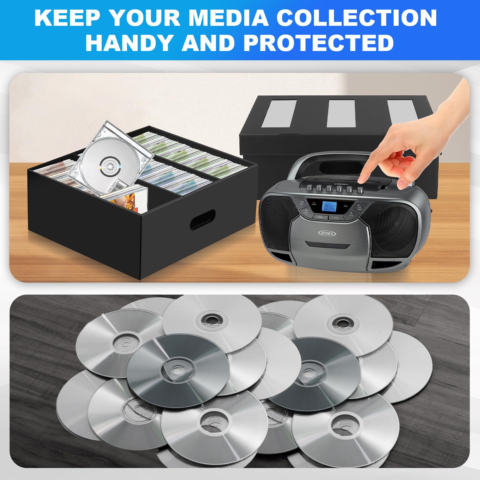 AOBOPLE Pudełko do przechowywania płyt CD, 3 sztuki, 3 przegródki, etui na 180 płyt CD w pełnym etui na biżuterię, 360 płyt CD w smukłych etui i 990 płyt CD w etui na płyty CD/DVD