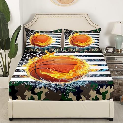 Miniatura 4 de Erosebridal Sábana bajera ajustable de baloncesto, juego de ropa de cama de camuflaje individual para niños y adolescentes, sábanas de bandera