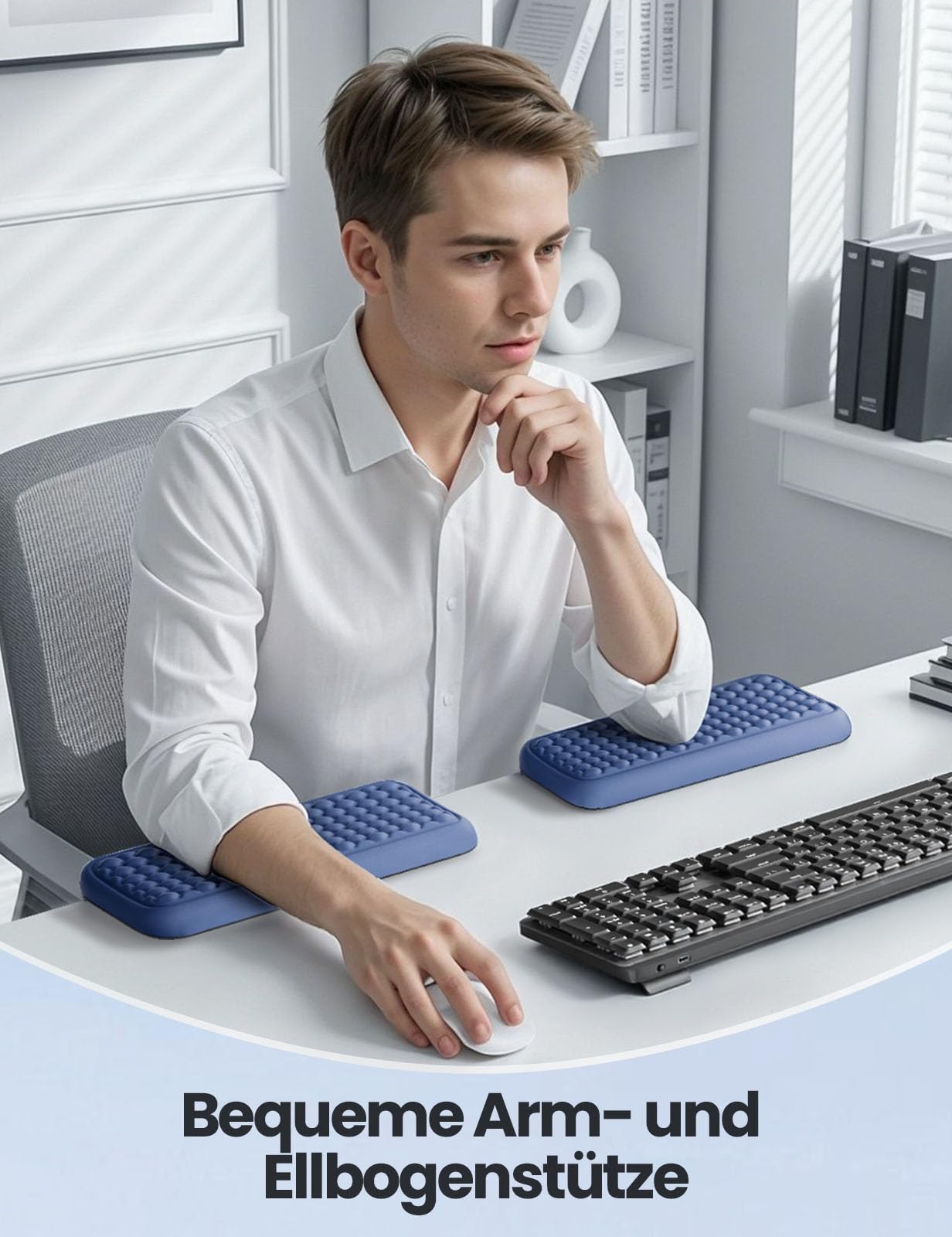 VAYDEER L-förmige Armauflage für Schreibtischkante, 2er Set Ergonomische Ellbogen- & Handgelenkauflage aus Memory-Schaum, Rutschfeste Unterarmstütze für Büro, Homeoffice & Gaming – Blau