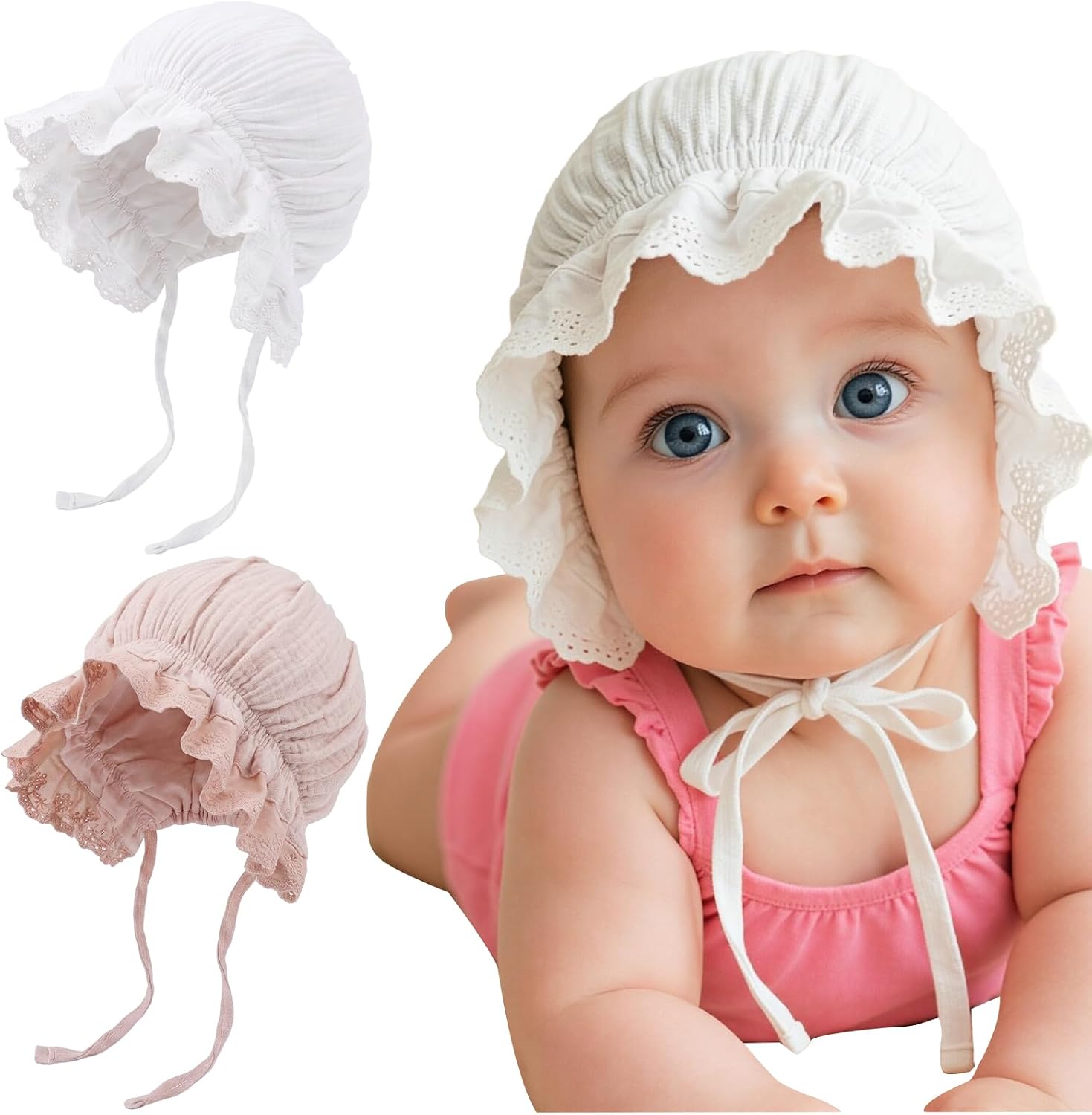 DRESHOW BQUBO Baby Bonnet Lace Cotton Baptism Bonnet for Baby Girls Newborn Soft Warm Cap Hospital Hat Sleepy Hat with Tie