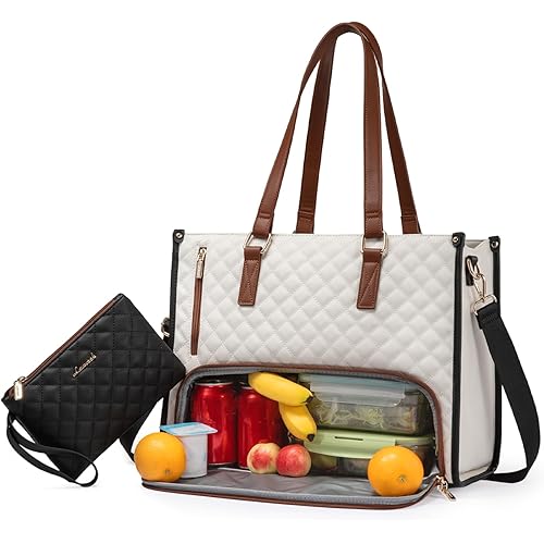 LOVEVOOK Lunch Tote Bag for Women, 15.6 Inch Laptop Bag with Insulated Lunch Compartment, Quilted Large Capacity Computer Handbag with Purse for Business, Work, Nurse, Office, Collage, Casual
