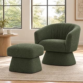 Swivel Accent Chair with Ottoman, Upholstered Barrel Accent Chair, Modern Accent Chair with Pleated Backrest and Arms, Boucle Armchair for Living Room Bedroom, Green