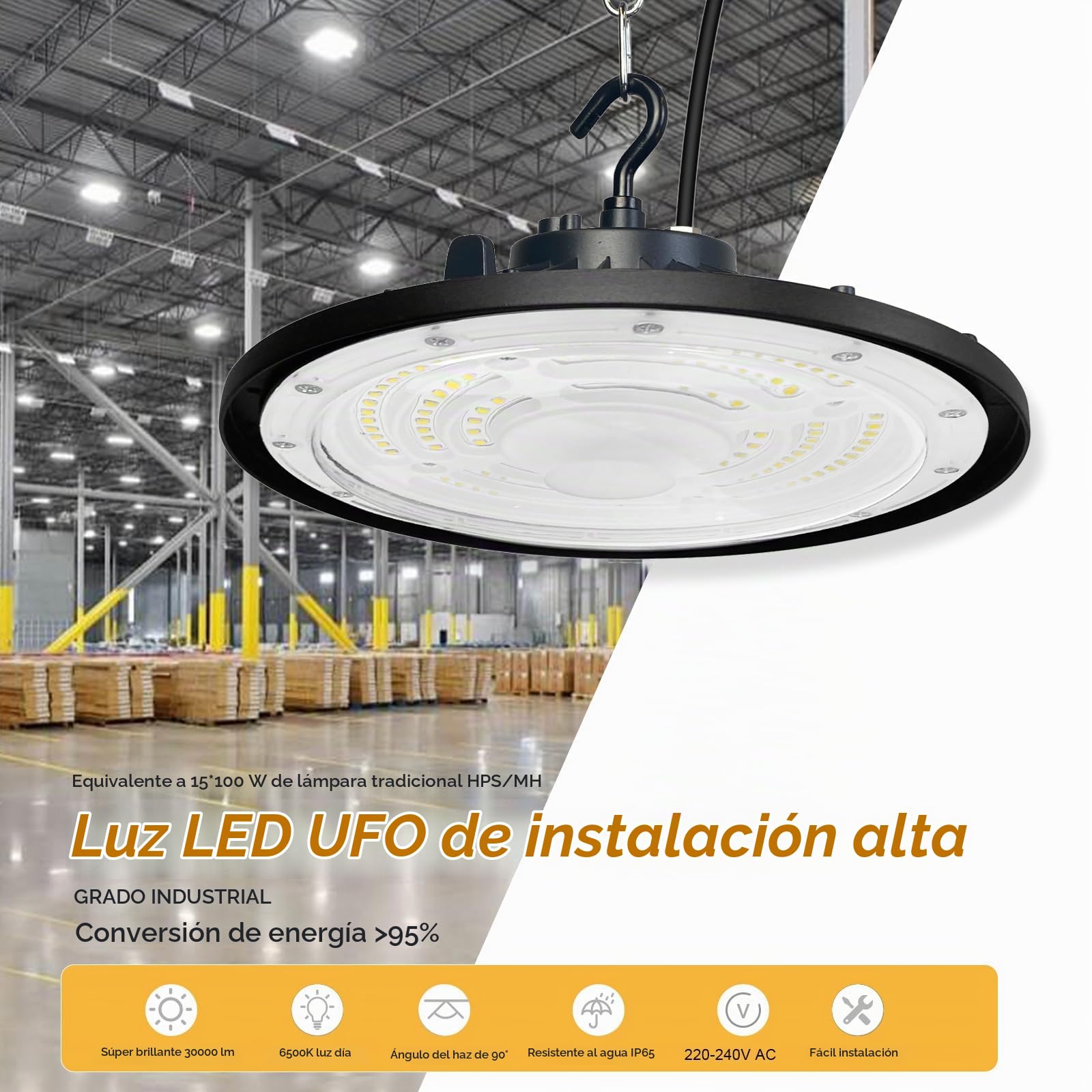 300W UFO LED Lámpara de Alta Bahía,Fosingut 30000LM Focos Led Interior Techo,6500K BlancaFría IP65 Impermeable Campana LED Industrial,High Bay lampara led techo para Fábrica,Garaje,Taller (1pcs)