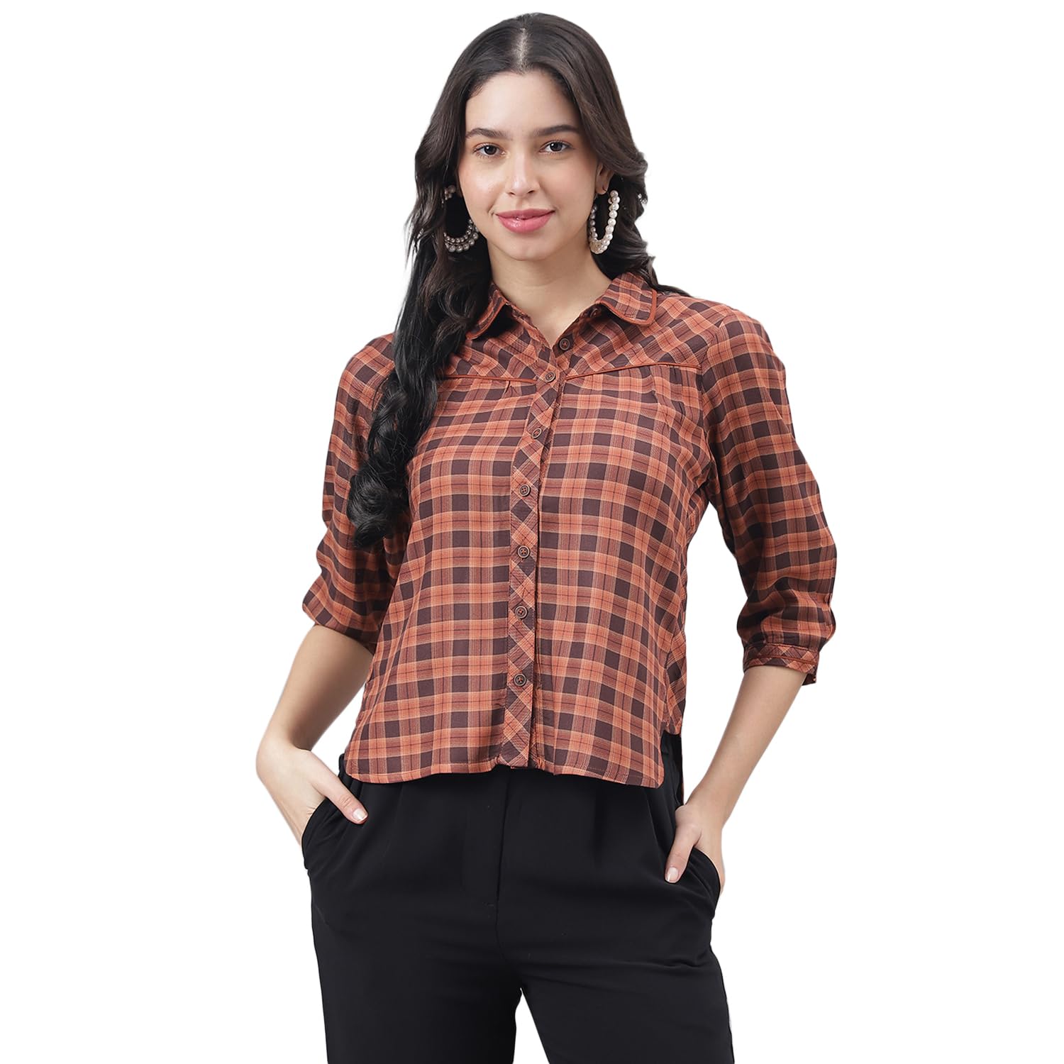 Latin Quarters Women Brown 3/4 Sleeve Shirt Collar Checked Top-picture-10