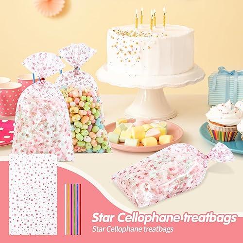 Miniatura 251 de COQOFA 100 bolsas de regalo de estrella rosa de 7 x 12 pulgadas, bolsas de regalo de celofán, bolsas de regalo de fiesta, bolsas de plástico Rosado