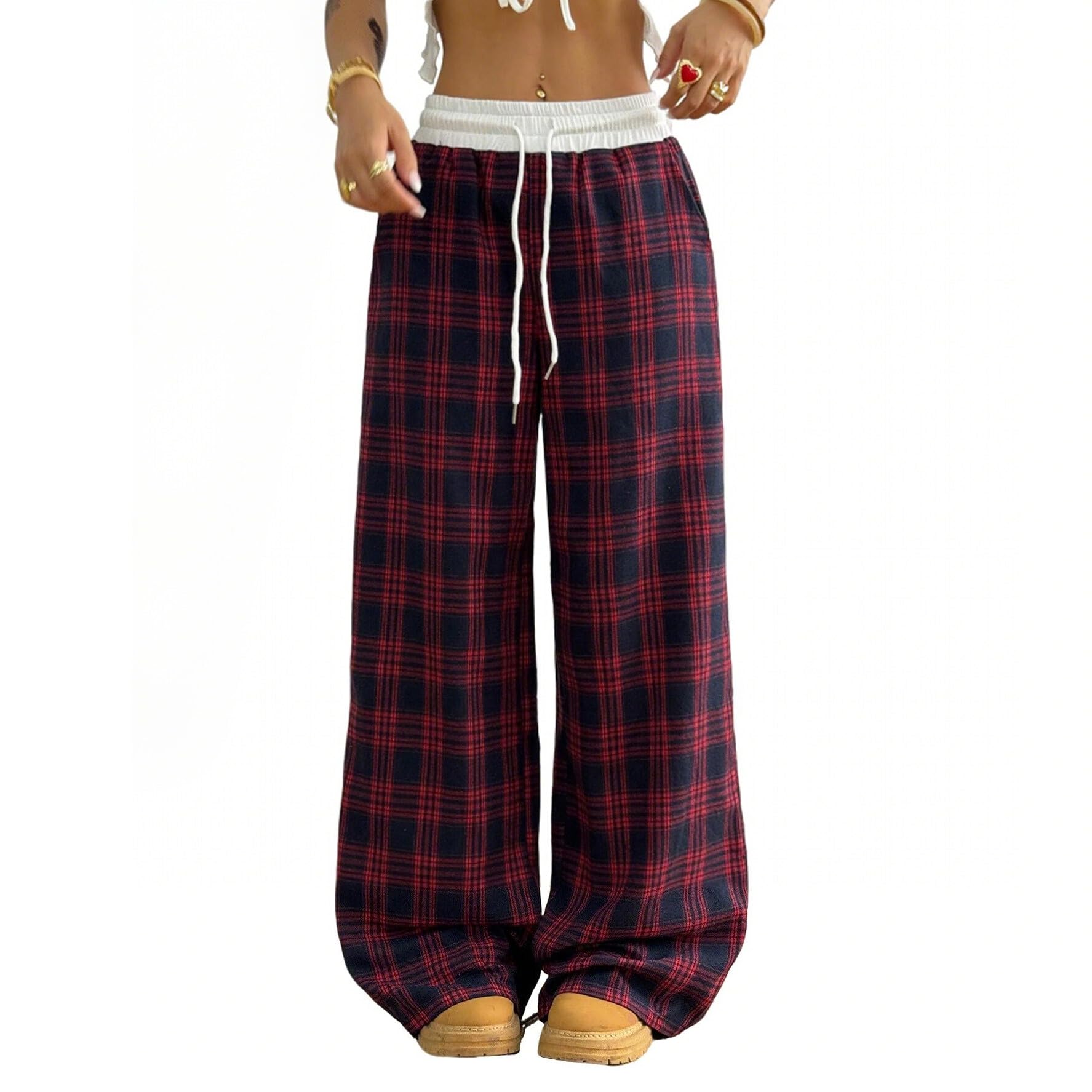 Womens Wide Leg Pants Plaid Palazzo Pants Drawstring High Waist Elastic Lounge Pants Pajama Trousers with Pocket