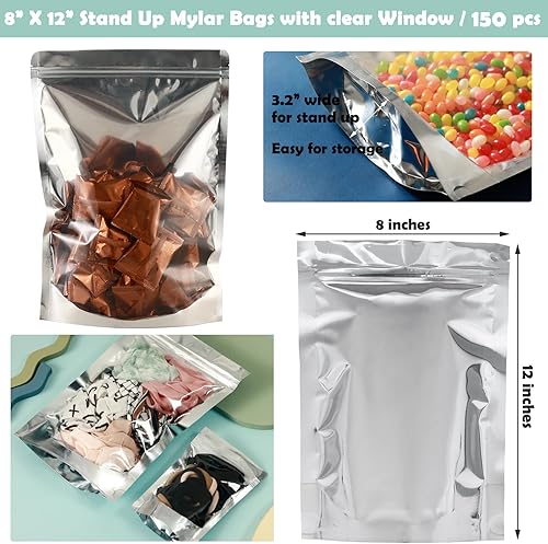 Miniatura 4 de Paquete de 150 bolsas grandes de Mylar resellables para almacenamiento de alimentos, 8 x 11.8 pulgadas, bolsas con cierre hermético a granel, bolsas