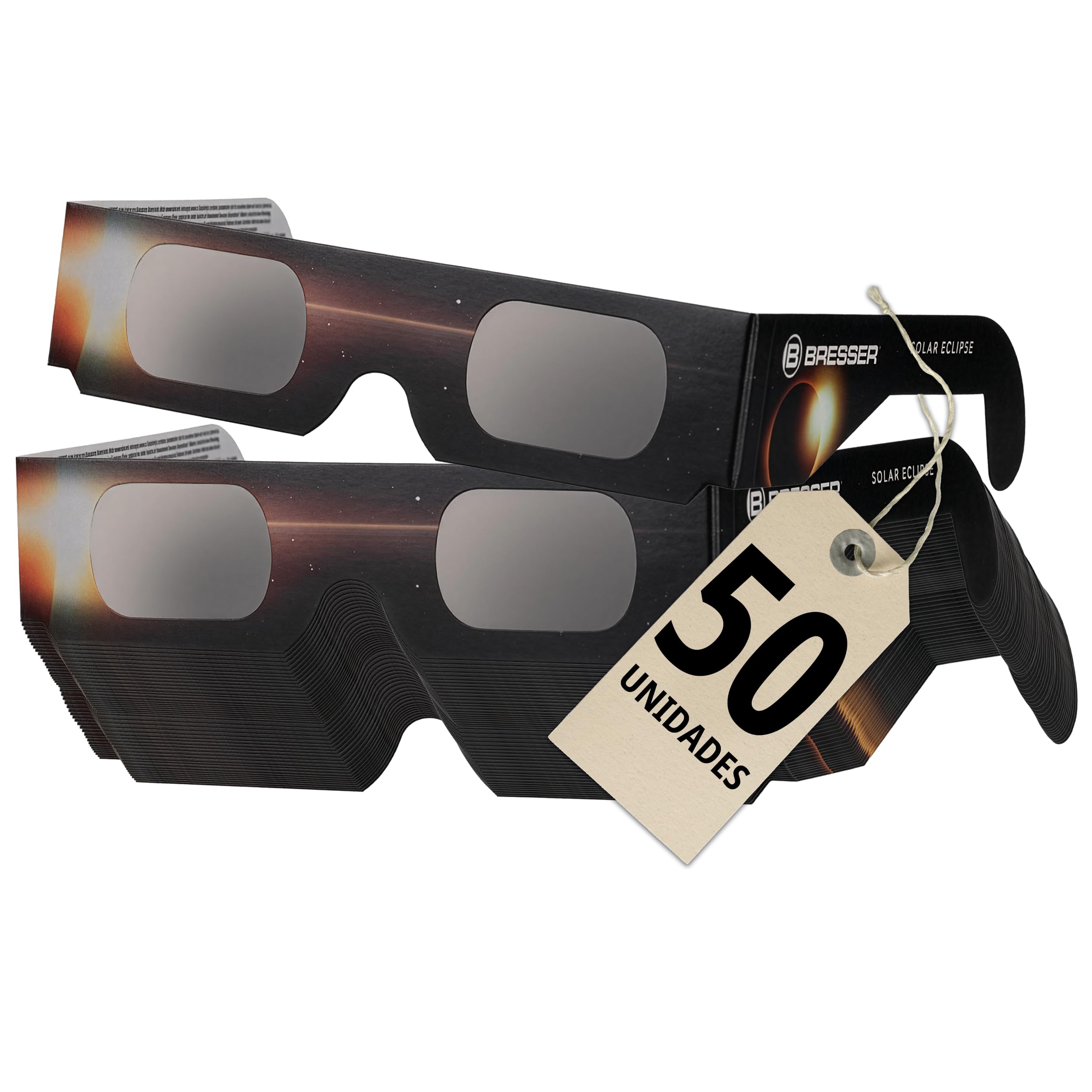 Bresser Gafas Eclipse Solar homologadas CE ISO 12312-2 pack 50 Diseño B | Absolutamente seguras, listas para los eclipses solares 2026, 2027, 2028, lámina astrosolar, imagen solar amarilla natural