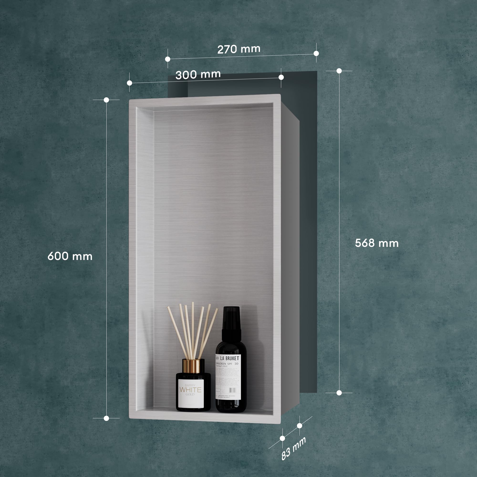 Mai & Mai Nicchia a Parete 30x60x8.3cm Mensola Doccia a Muro a Incasso Piastrellabile in Acciaio Inox Facile da Montare, Argento