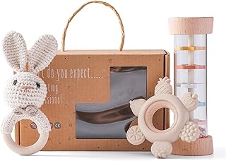 Youuys Wooden Baby Rattle Set (3pcs) - Crochet Rattle Rain Stick Teething Toys, Wooden Montessori Toy for Newborn Infant Baby Rattles Set Toys 3-6-12 Months (Bunny)