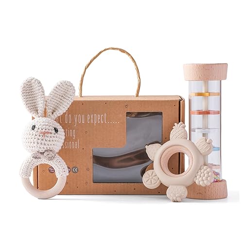 Youuys Juego de sonajeros de madera para bebés (3 piezas)  Sonajero de ganchillo, juguete Montessori de madera para bebé recién nacido, sonajeros de