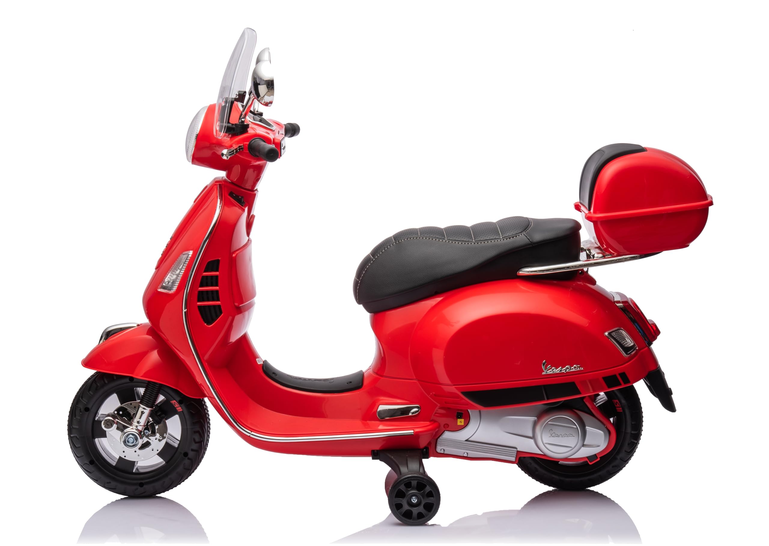 Mondial Toys Moto Elettrica per Bambini 12V con Licenza Ufficiale Vespa Piaggio – Modello GTS Super, Luci LED, MP3, Sedile in Pelle, Bauletto – Rosso